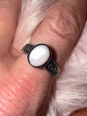925 Mother-of-Pearl Cabochon and Marcasite Stones Sz 9 (video)